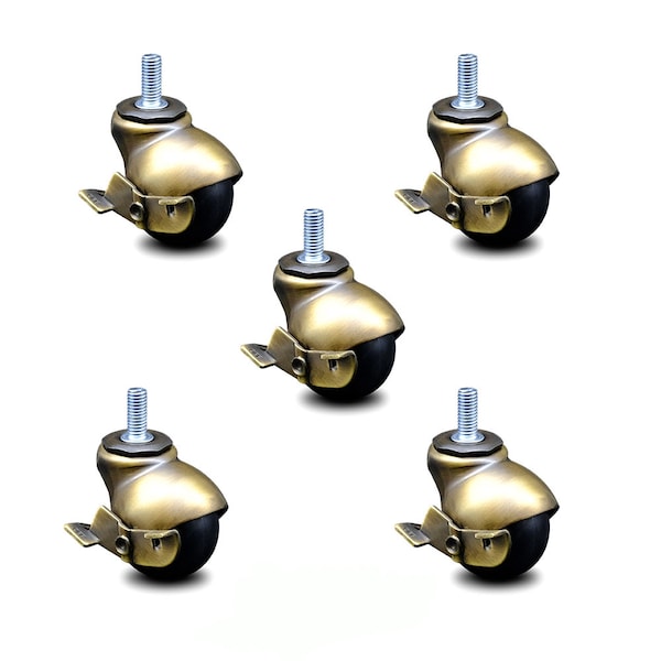 2 Inch Antique Brass Hooded 5/16 Inch Threaded Stem Ball Caster with Brake, 5PK